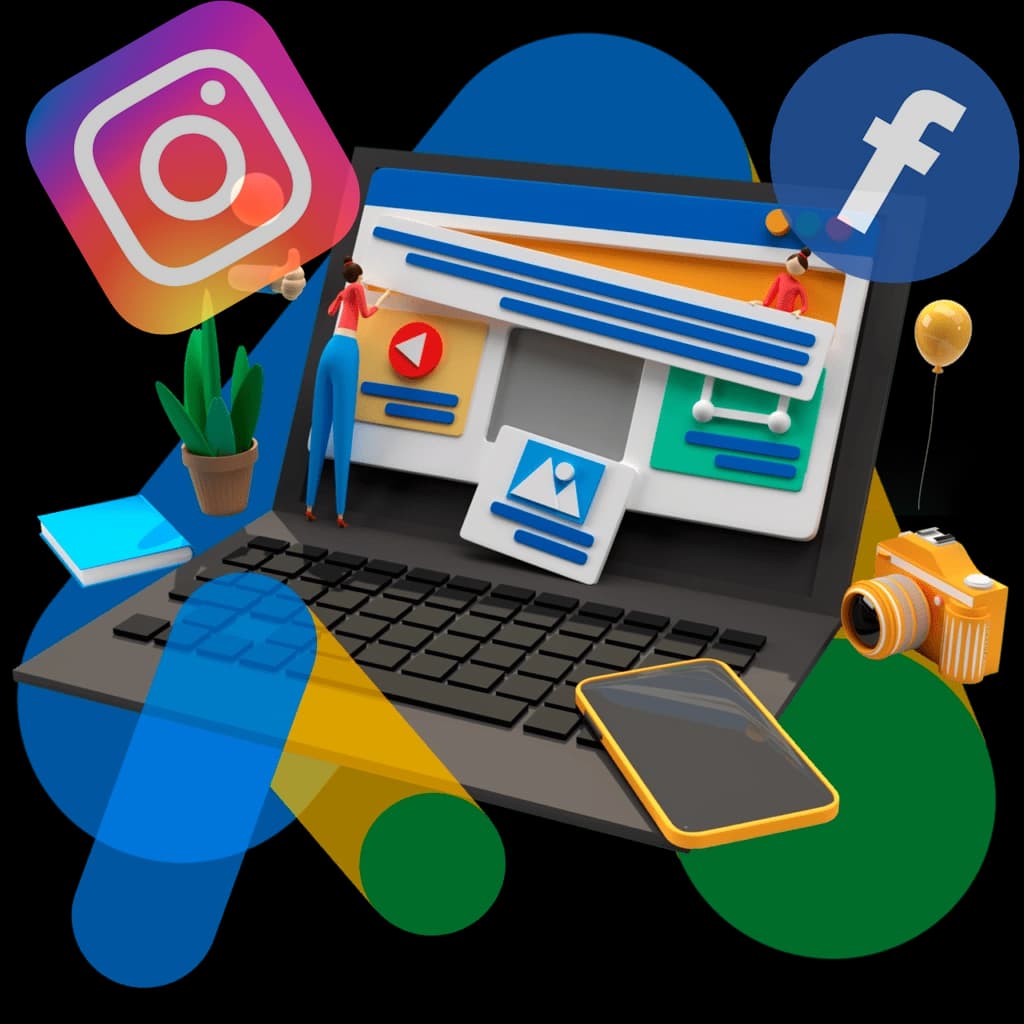 Notebook com redes sociais e ferramentas de marketing digital